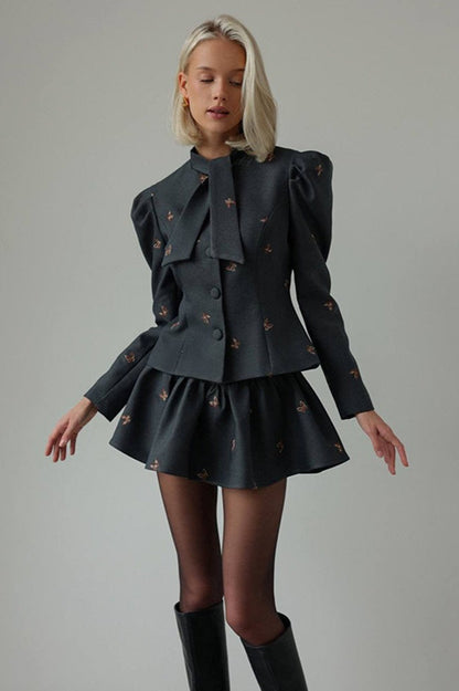 Embroidered Waist-Cinched Blazer & Mini Skirt Two Piece Set