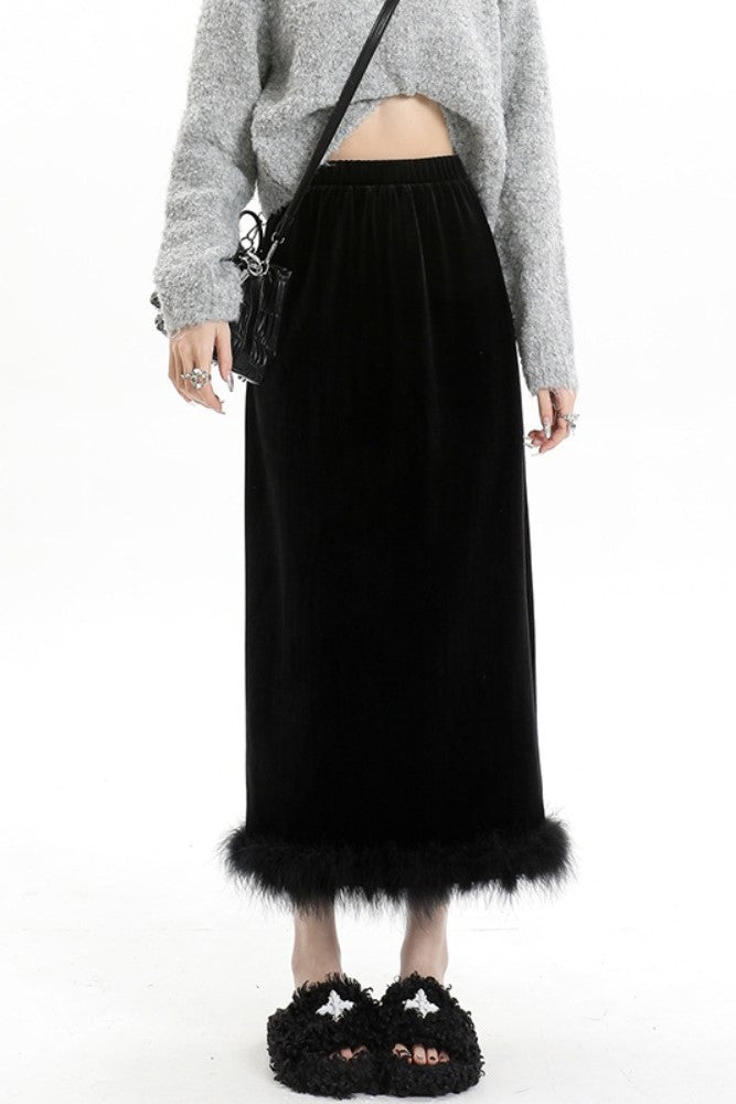 Nera Velvet Faux Fur Trimmed Midi Skirt
