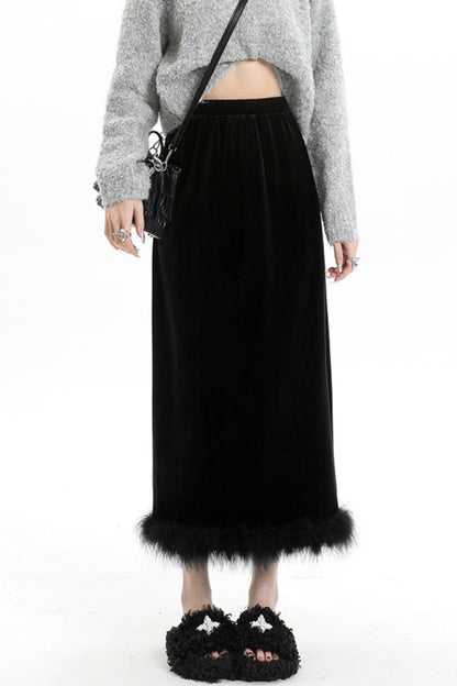 Nera Velvet Faux Fur Trimmed Midi Skirt