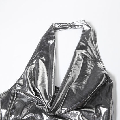 Halter cowl neck slit button metallic maxi dress