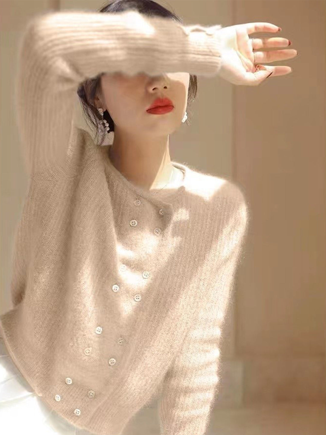 Alena French Style Double-breasted Knitted Cardigan-Blue