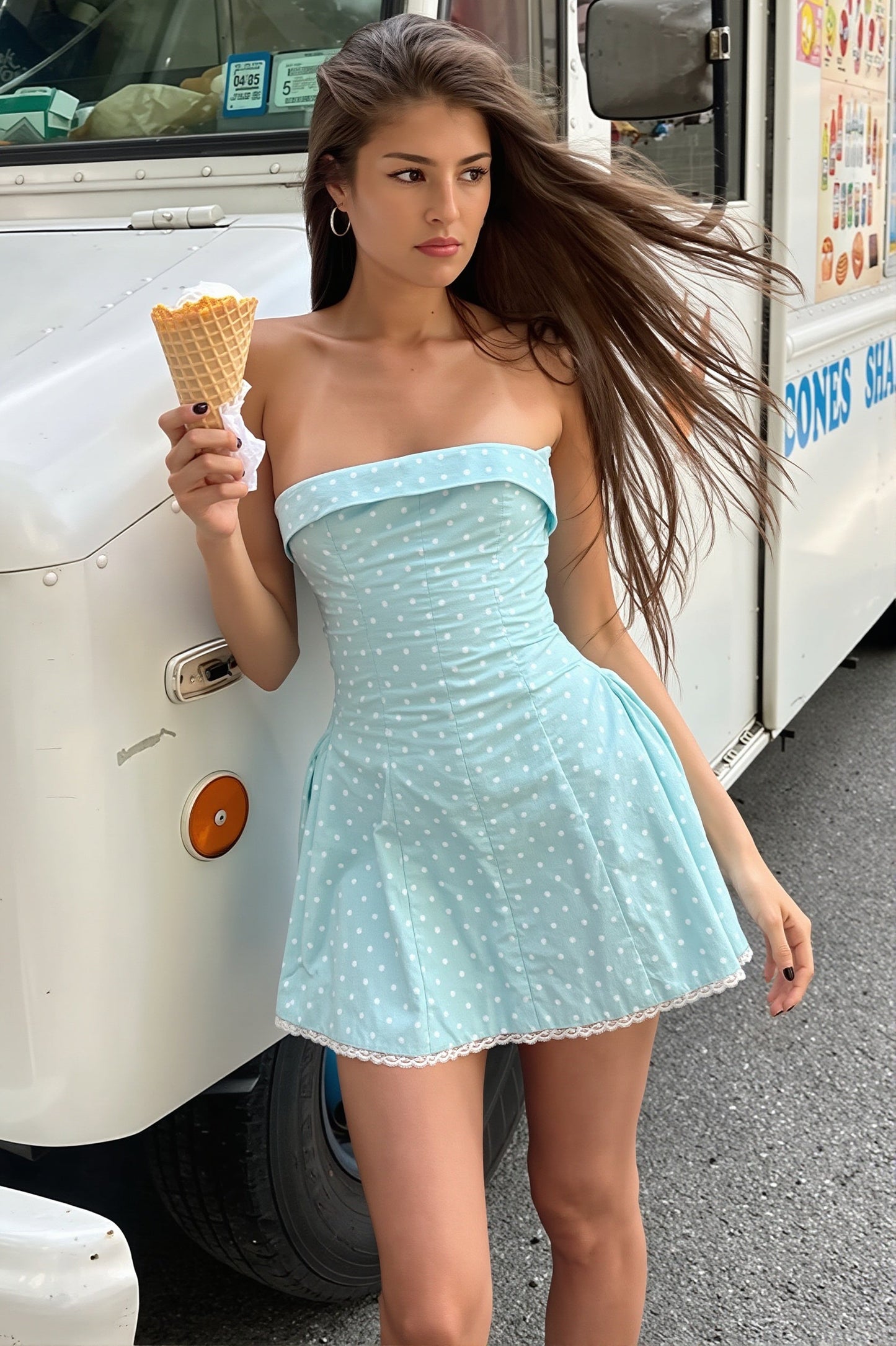 Strapless Polka Dot Fold-Over Cuff Scalloped Lace Trim Pleated Skater Mini Dress