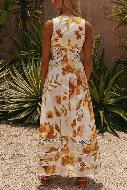 Clover Linen Blend Floral Print Cutout Trim Button Up Side Lace-up Maxi Dress