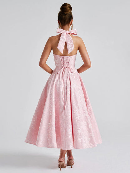 Soft Pink Floral Midi Dress Halter Summer A-line Vintage Dress For Women 2026