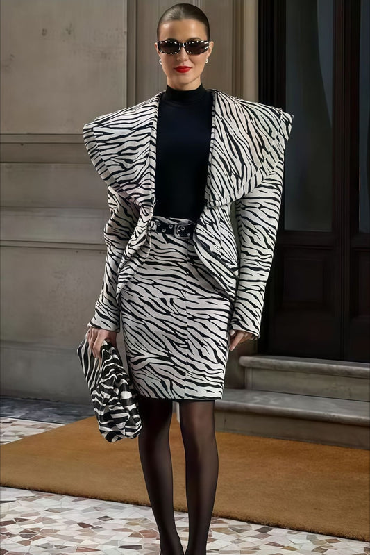 V Neck Zebra Print Two Piece Blazer Skirt Set