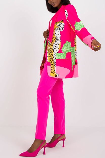 Leopard Print Contrast Slim Fit Long Blazer