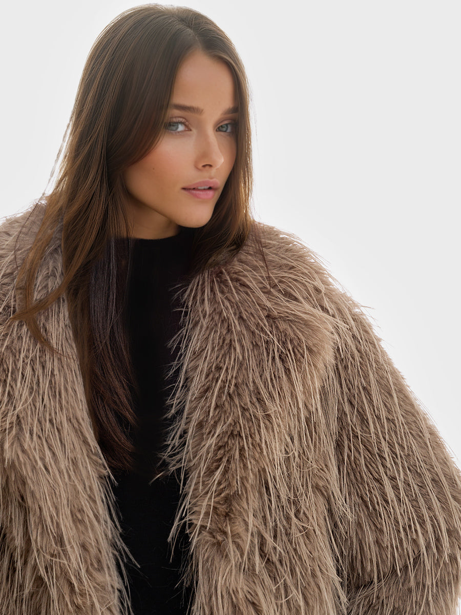 Faux Fur Coats Apricot Long Sleeves Faux Fur Jacket Winter Coat