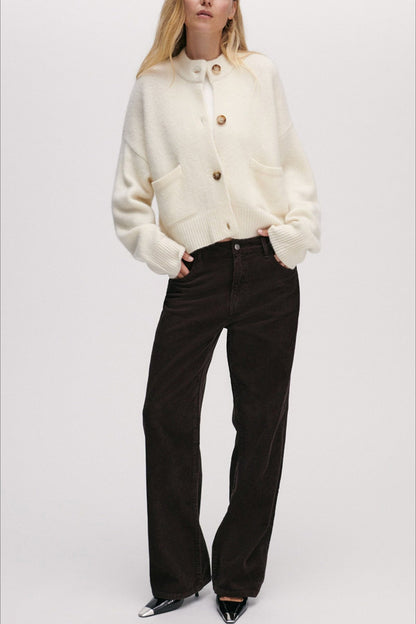 Solid Crew Neck Loose Cardigan