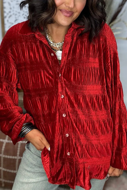 WOMEN'S SHIRRED VELVET BUTTON DOWN TOP