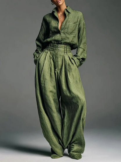 Olive Green 2 Piece Set For Women - Button Down Shirt And Retro High Waist Wide Leg Trouser - Spring Office Casual 2026