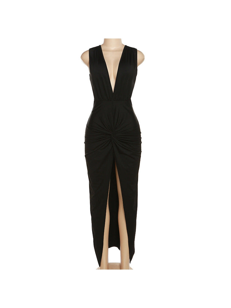V Neck Ruched Cutout Backless Split Dress
