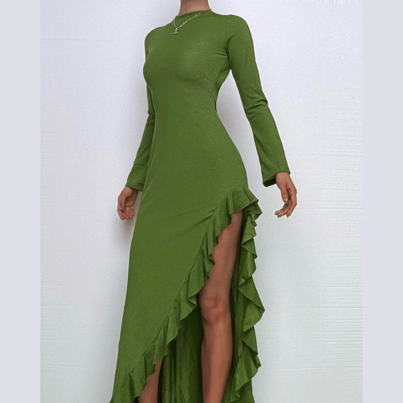 Long sleeve see through glitter irregular ruffle maxi dress