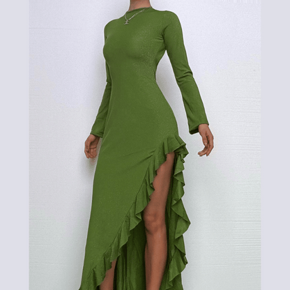 Long sleeve see through glitter irregular ruffle maxi dress