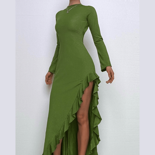 Long sleeve see through glitter irregular ruffle maxi dress