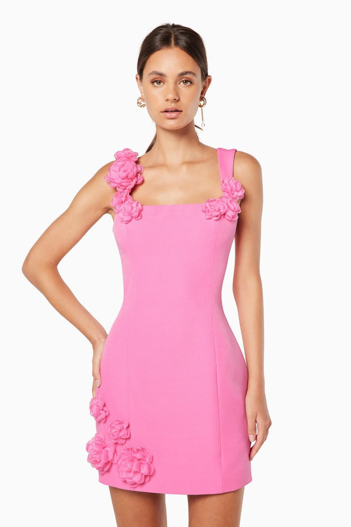Solid Color 3D Floral Strap Mini Dress