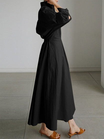 Deep V Collar Long Sleeve Pleated Pocket Midi Shirt Dress