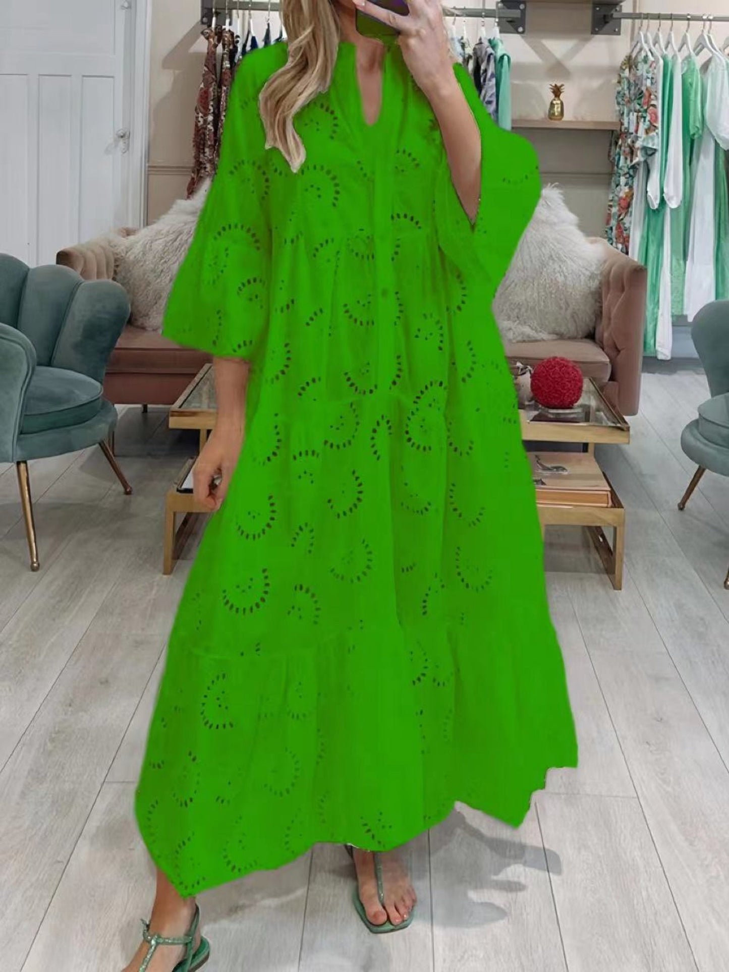 Lace Cutout V-neck Buttons  Flare Sleeve Maxi Dresses