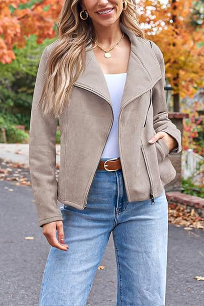 Zip Up Pocketed Faux Suede Moto Jacket(in 7 Colors)