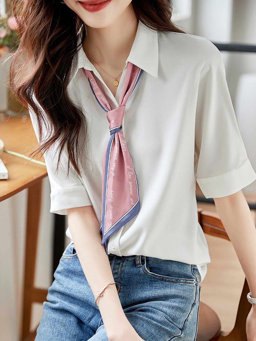 Madison Classic Bow Chiffon Shirt-Blue