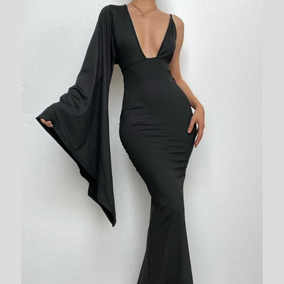 Deep V One Shoulder Angel Sleeve Mermaid Bodycon Maxi Dress