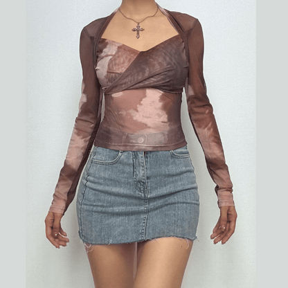 Long sleeve tie dye mesh top