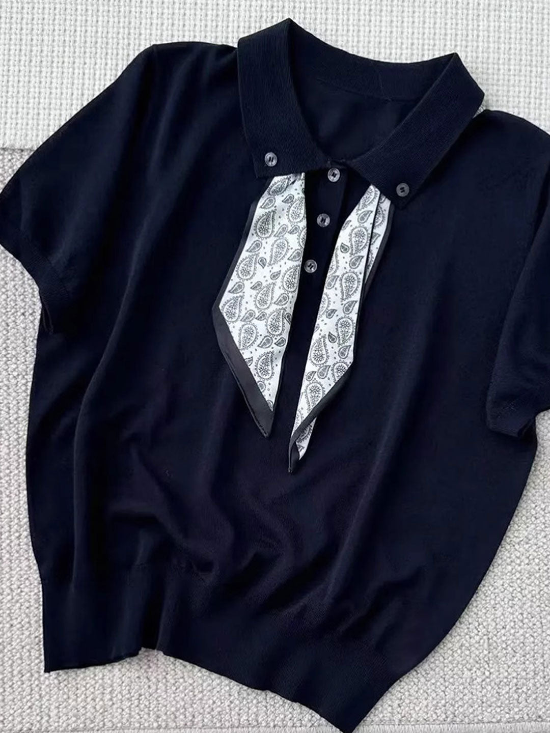Maria Elegant Polo Collar Knitted Top-Navy Blue