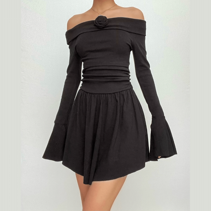 Flower applique off shoulder long flared sleeve slit mini dress-final-sale