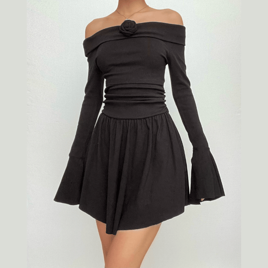 Flower applique off shoulder long flared sleeve slit mini dress-final-sale