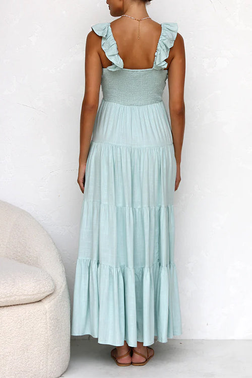 Plunging V-Neck Ruffle Strap Tiered Empire Waist Maxi Dress
