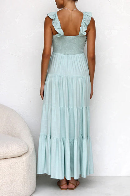 Plunging V-Neck Ruffle Strap Tiered Empire Waist Maxi Dress