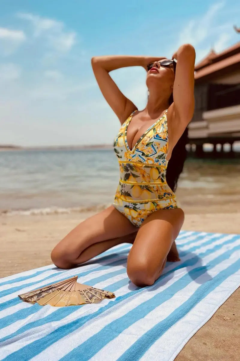 Mesh Lemon Print Swimsuit Set