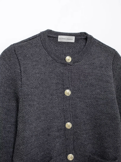 Gold Decorated Row Button Short Knitted Cardigan