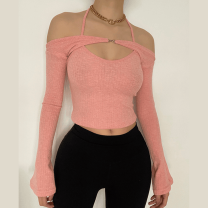 Long sleeve off shoulder knitted 2 piece top