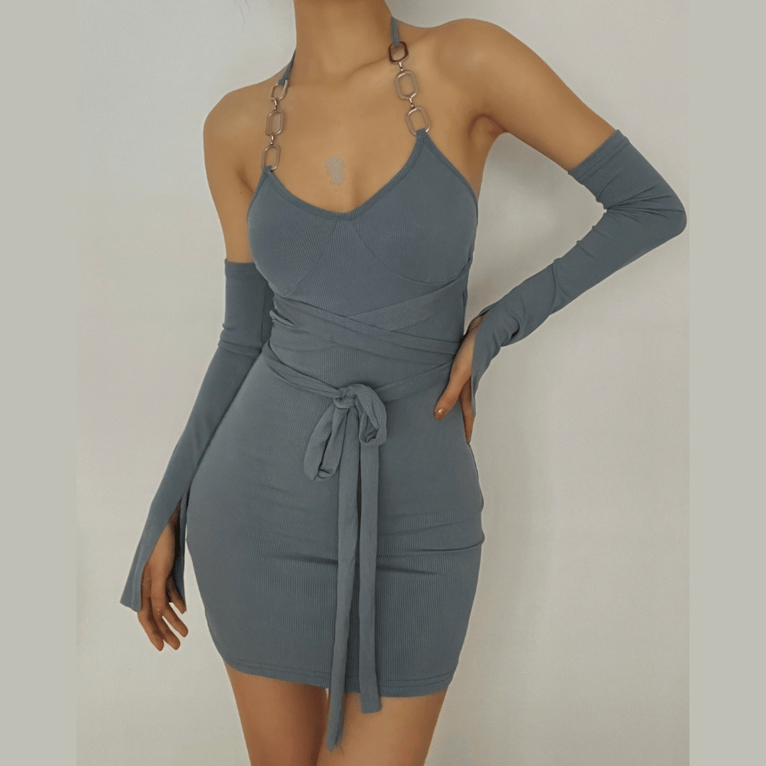 Self tie ribbed metal chain off shoulder long sleeve dress