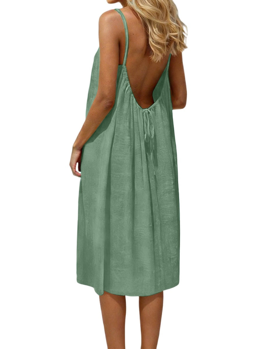 Ice Silk Linen Backless Halter Solid Color Midi Dress