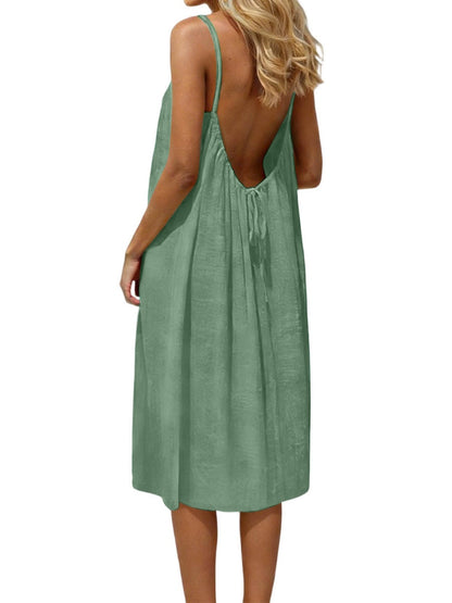Ice Silk Linen Backless Halter Solid Color Midi Dress