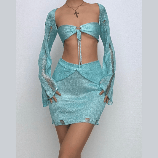 Long sleeve hollow out shrug 3 piece mini skirt set