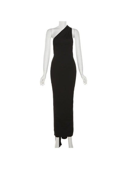 One Shoulder Backless Ruched Maxi Dress