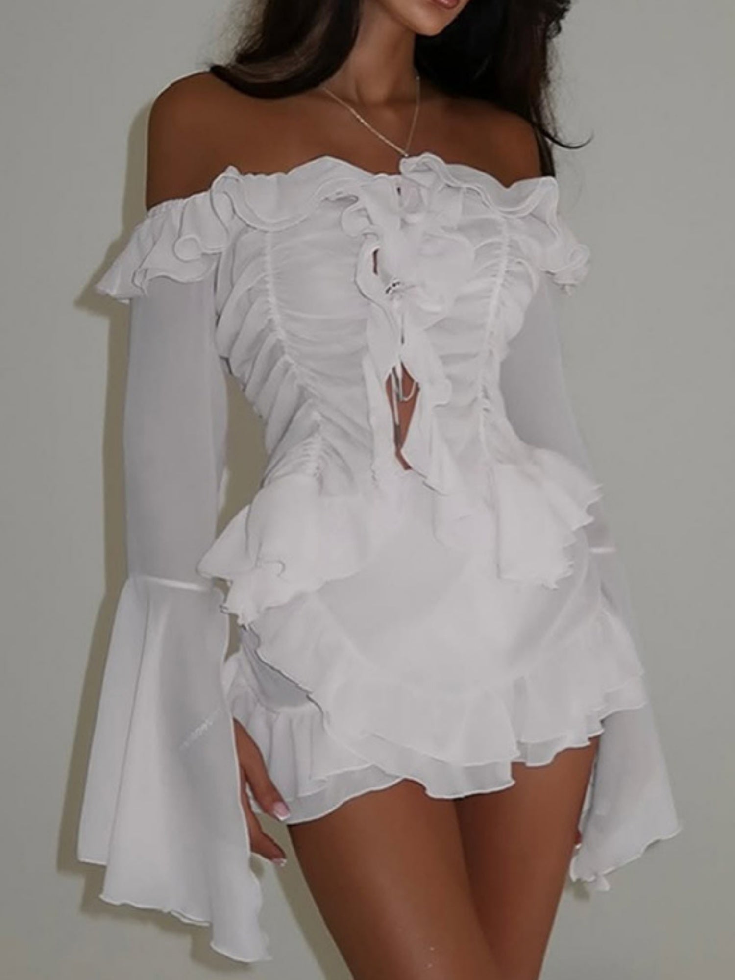 Ruffle Neck Strap Off-shoulder Long-sleeved Top And Skirt Sweet 2-piece Sets