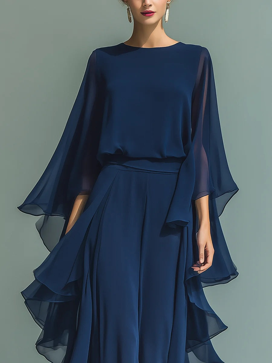 Dark Blue Ruffled Wide-leg Pants And Long-sleeved Top Two-piece Set