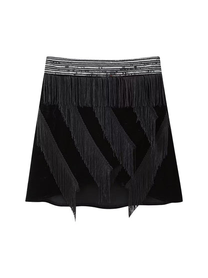 Tassel Fringe Velvet Waist Coat Vest Mini Skirt Set