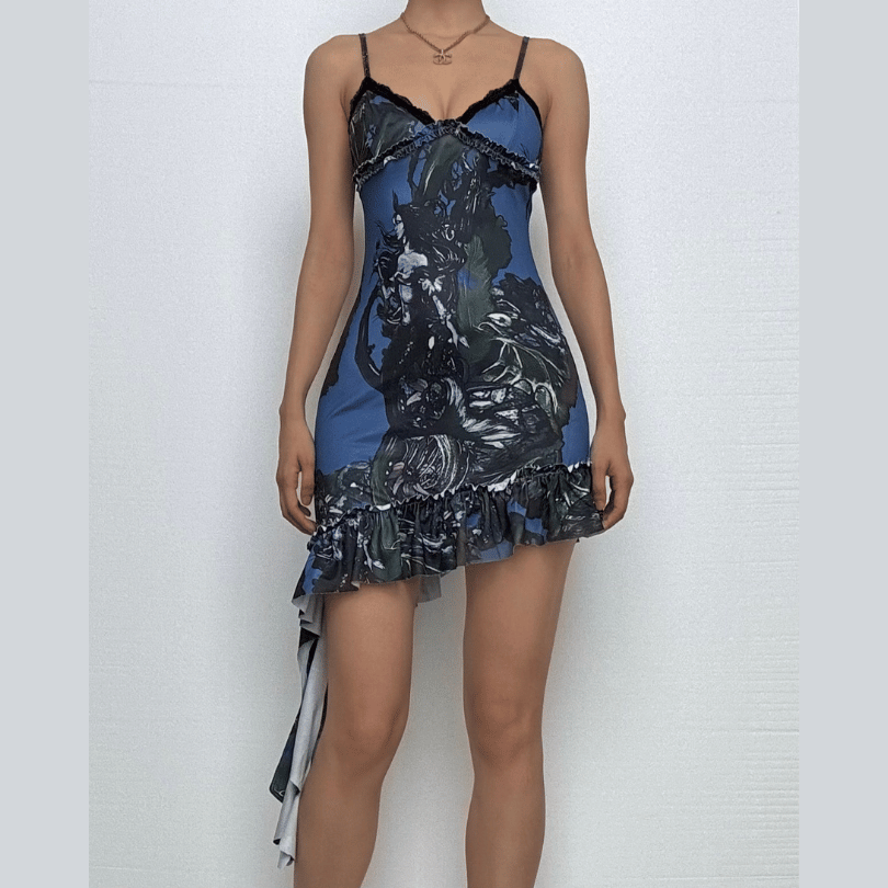 Lace hem v neck print backless cami mini dress