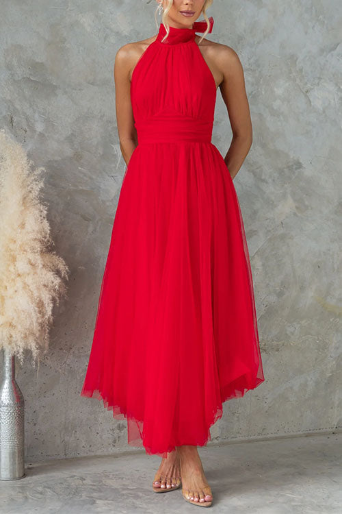 Bow Knot Halter Open Back Tulle Maxi Dress
