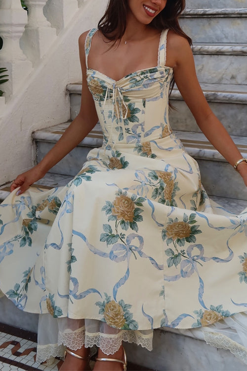 Lace Trim Drawstring Floral Print Midi Cami Dress