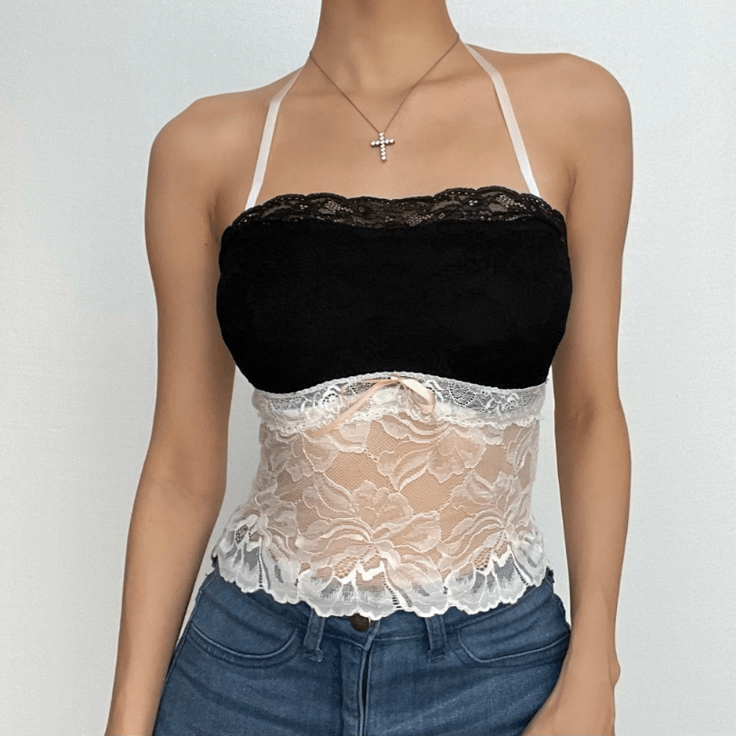 Halter bowknot lace contrast backless see through crop top