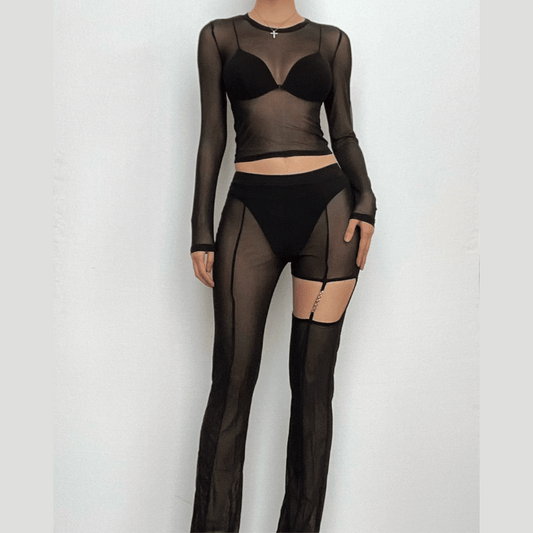 Mesh see through hollow out long sleeve solid pant set