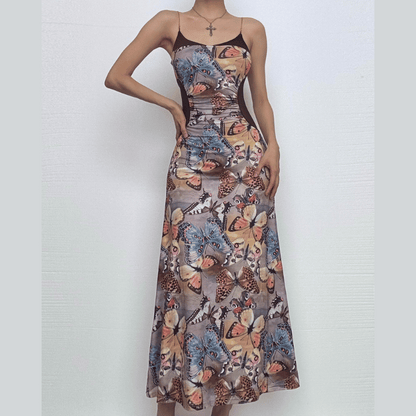 U neck metal chain butterfly print cami maxi dress