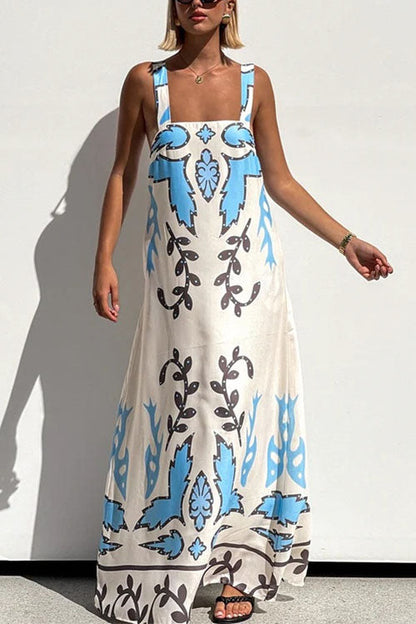 Meridress Square Neck Tie Knot Backless Printed Maxi Cami Dress
