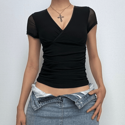 Short sleeve v neck mesh ruched solid top