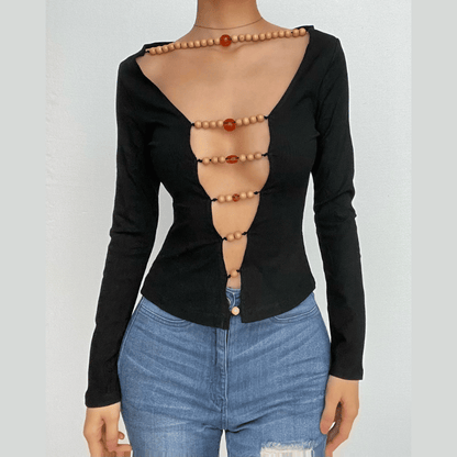 Beaded contrast long sleeve v neck ruched top-final-sale
